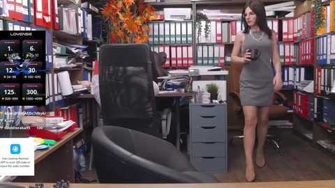 Media: Video of a cluttered office with a woman in a gray dress standing near a desk, surrounded by books, papers, and a black chair.