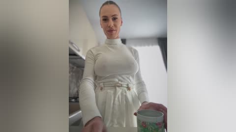 Media: Video of a blonde woman in a white turtleneck dress and high-waisted skirt, holding a green mug, standing in a modern kitchen with stainless steel appliances and a white wall.