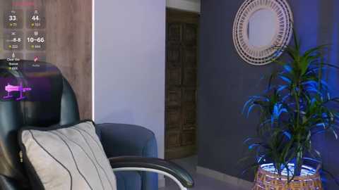 Media: Video of a modern, minimalist room with a black massage chair, white cushion, blue wall, bamboo plant, and circular mirror.