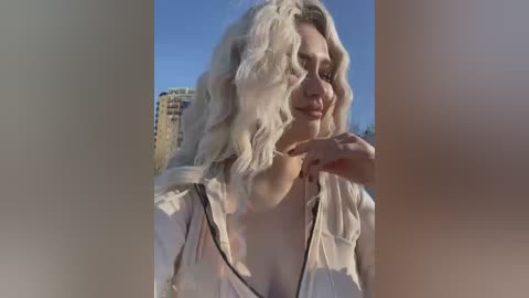 Media: Video of a fair-skinned woman with wavy, shoulder-length platinum blonde hair, wearing a sheer, light-colored top, smiling slightly, against a clear blue sky and cityscape background.