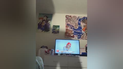 Media: Video of a cluttered, dimly-lit room with a TV displaying a woman with red hair, surrounded by various posters and stuffed animals.