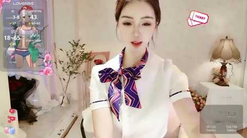 Media: Video of an Asian woman with pale skin, brown hair tied back, wearing a white blouse with a purple and pink tie, standing in a cozy, dimly lit room with a lamp, floral arrangement, and a TV showing a gaming stream.