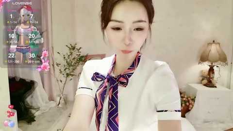 Media: Video of a young Asian woman with fair skin, wearing a white cardigan, purple and red striped tie, and short dark hair, sitting in a cozy, softly lit bedroom.