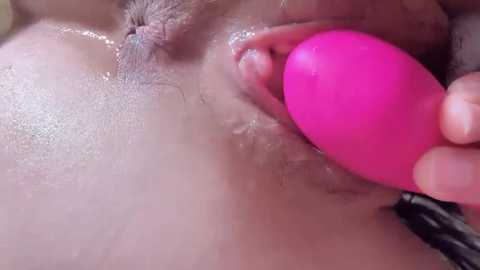 Media: Close-up video of a dark-skinned vulva being penetrated with a bright pink dildo, showing the vaginal opening and clitoris. The skin appears moist and the texture of the dildo is smooth.