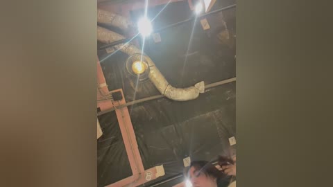 Media: A video captures a person wearing a white hazmat suit, gloves, and mask, standing in a dimly lit, industrial room with exposed pipes and ductwork. The image is slightly blurry and overlaid with lens flares.