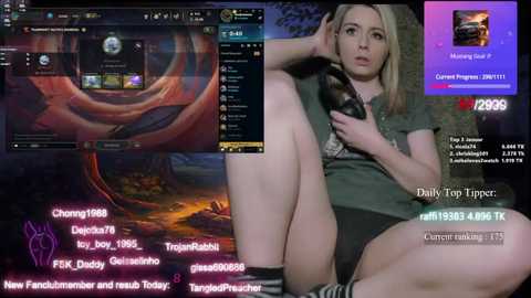 Media: A collage of photos and screenshots featuring a young woman with light skin and blonde hair, wearing a green top, sitting with her legs crossed, and holding a black phone. The background includes a forest scene and a video game interface.