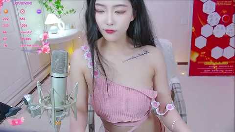 Media: Video of an Asian woman with long black hair, wearing a pink off-shoulder crop top, sitting in front of a microphone in a cozy, pink-themed room.