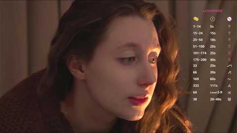 Video of a fair-skinned woman with wavy brown hair, wearing a brown sweater, gazing pensively. A digital interface with a list of names and numbers is overlaid on the right.