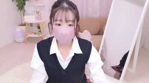 Media: Video of an Asian girl with light skin and dark hair in a white blouse, black vest, and pink face mask, sitting indoors with a beige sofa, potted plants, and white walls.