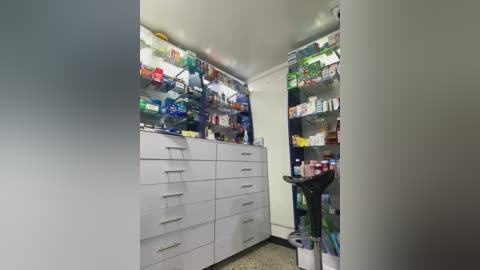 Media: Video of a small, brightly lit, organized pantry with white cabinets, glass shelves filled with various canned goods and snacks, and a black exercise bike in the corner.