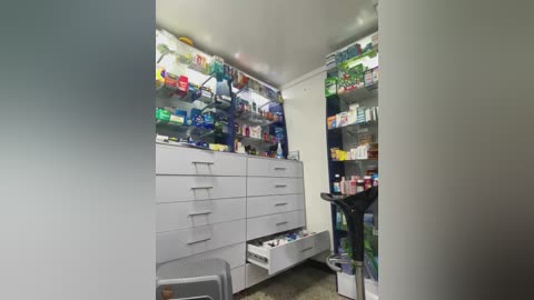 Media: A video of a modern, well-lit medicine cabinet with white shelves, drawers, and storage compartments. The shelves are neatly organized with various bottles and boxes, including colorful pills and creams. The cabinet's interior is bright, and the floor is concrete.