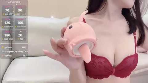 Media: Video of a light-skinned woman with long black hair wearing a red lace bra, holding a pink, plush piggy bank, with a virtual currency display overlay.