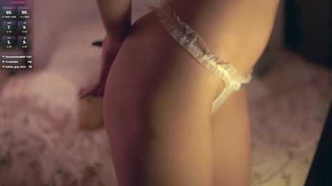 Video of a woman in a dimly lit bedroom, wearing white lace panties, emphasizing her curvy hips and buttocks. The background includes a bed with a fluffy blanket, soft lighting, and a blurred, feminine figure.