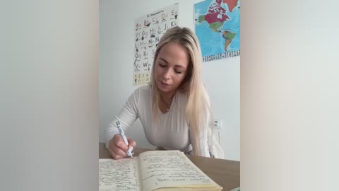 Media: Video of a blonde, fair-skinned woman in a white long-sleeve shirt, writing in an open notebook on a table. Background features educational posters on a white wall.