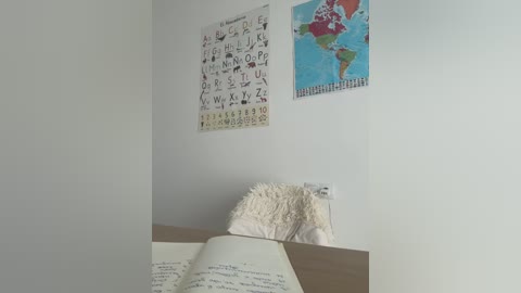 Media: Video of a child's bedroom corner with a white wall, a colorful alphabet poster, and a wooden desk holding an open book and a plush teddy bear.