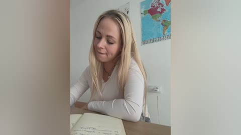 Media: Video of a smiling blonde woman with long hair, wearing a white long-sleeve shirt, sitting at a desk, writing in an open notebook, with a colorful world map and alphabet letters on the wall in the background.