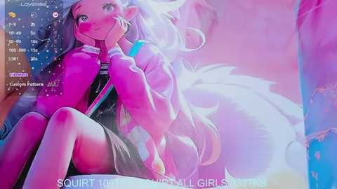 Media: This is a vibrant, CGI digital art image featuring a young anime-style girl with long, flowing hair and a cheerful expression, wearing a pink jacket and a black skirt. The background is a soft, pastel blend of pink and blue hues.