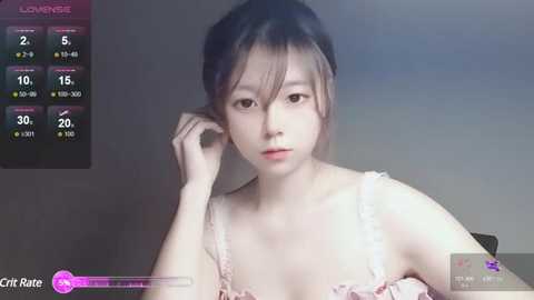 Media: A video of a young East Asian woman with fair skin, dark hair in a bun, wearing a pink floral dress. She sits indoors, against a blurred background. The image is overlaid with a live stream overlay showing chat messages.