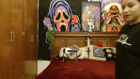 Media: Video of a room with a large, colorful, skull-themed mural, a stuffed dog, and a woman wearing a black shirt.