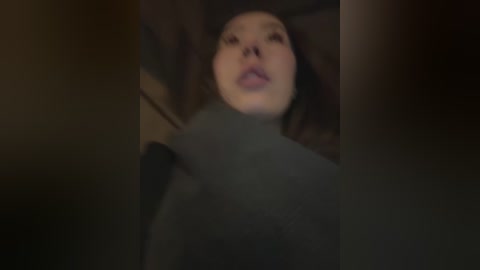 Media: A blurred, dimly lit video of a woman with light skin, brown hair, and wearing a dark turtleneck sweater, looking upwards with parted lips. The background is indistinct and dark.