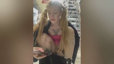 Media: Video of a blonde woman with pigtails, holding a smartphone, in a brightly lit store, showcasing a tattoo and a visible nipple.