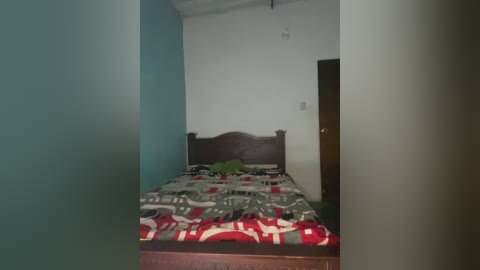 Media: Video of a simple, modest bedroom with a wooden bed covered in a colorful, patterned blanket, against a plain white wall with a closed door on the right.