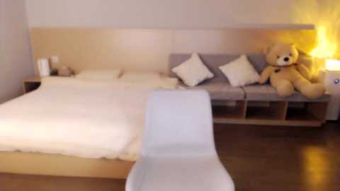 Media: A video of a modern, minimalist bedroom featuring a beige bed with white linens, a gray sofa with cushions, a stuffed teddy bear, and a white chair in the foreground.