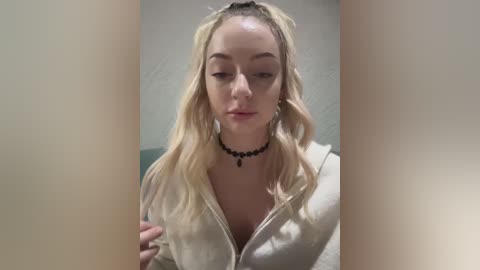 Media: Video of a young, fair-skinned woman with long blonde hair, wearing a black choker necklace and a light-colored hoodie. She gazes downward, with a neutral expression, in a dimly lit room.