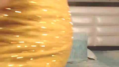 Media: A close-up video of a person's upper torso, with a golden, glittery dress shimmering in the foreground. The background features a blurred, white and blue interior setting.