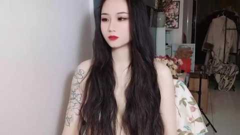 Media: A video of an Asian woman with long black hair, wearing red lipstick and a floral-patterned top, standing indoors with floral decor and a mirror in the background.