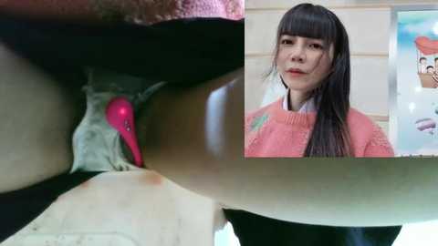 Media: Video of a young Asian woman with straight black hair and fair skin, wearing a pink sweater, standing against a tiled wall. Inset, a close-up of a pink vibrator inserted into a woman's vagina.