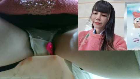 Media: Video: Close-up of a woman's crotch in light-colored panties, with a pink object inserted; inset shows a smiling woman in a pink sweater.