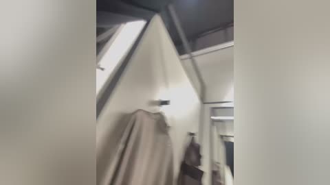 Media: Video of a dimly lit, narrow hallway with a white ceiling and beige walls. A coat hangs on a hook to the left, and a door with a window is visible in the background.