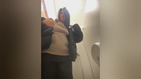 Media: Video of a plus-sized woman with dark hair and a gray sweater, standing in a narrow, beige-tiled restroom with a white toilet and door.