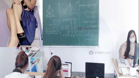 Media: Video of a classroom with a blackboard displaying mathematical formulas, a teacher in a blue shirt, and students wearing face masks, working at desks.