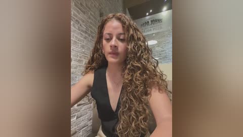 Media: Video of a light-skinned woman with long, curly, brown hair in a black sleeveless top, standing in a modern, gray-brick-walled room with a \"Brow House\" sign.