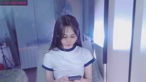 Media: A video of a young Asian woman with long black hair, wearing a white short-sleeved shirt with blue trim, holding a smartphone, in a dimly lit room with a mirror and window.