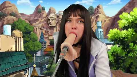 Media: A digitally altered video of a woman with long black hair and pale skin, wearing a purple jacket, licking a large dildo in a cartoonish, mountainous backdrop.