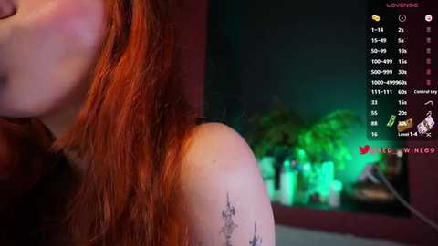 Media: A close-up video of a woman with long, vibrant red hair and a tattoo on her left shoulder, viewed from the side. The background features a dimly lit room with a green-lit aquarium and a television screen displaying a chatroom with user names and emojis.