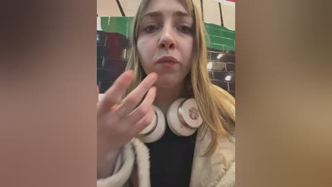 Media: Video of a young woman with straight blonde hair, wearing beige faux fur and white headphones, holding her finger to her lips, indoors against a tiled background.