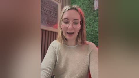 Media: Video of a young Caucasian woman with straight blonde hair and glasses, wearing a beige sweater, smiling in an indoor setting with greenery and a wooden sign.