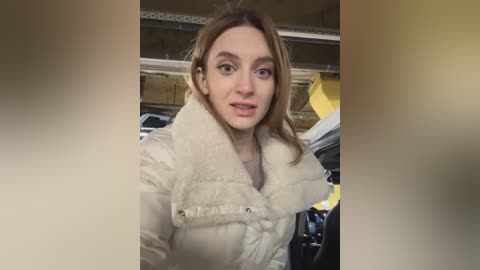 Media: Video of a young woman with fair skin and light brown hair, wearing a beige puffy coat, smiling inside a car with yellow interior details.