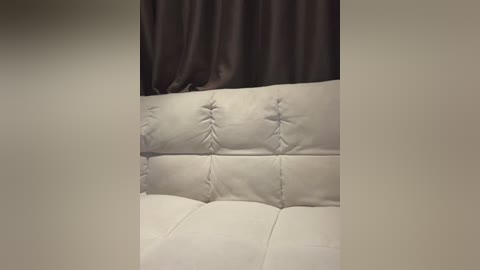 Media: Video of a cream-colored, tufted leather sofa with a button-tufted backrest against a dark brown curtain backdrop. The sofa's texture is smooth, with a slight sheen, and the tufts are evenly spaced. The image has a warm, neutral color palette.