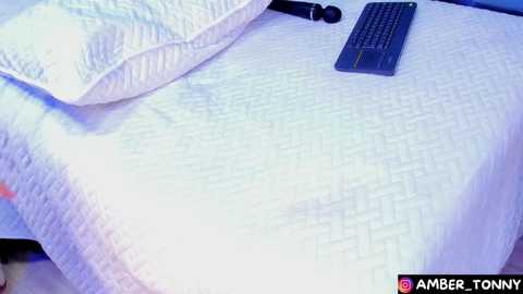 Media: Video of a white bedspread with a geometric pattern, featuring a folded pillow, a black remote, and a black keyboard on a blue background.