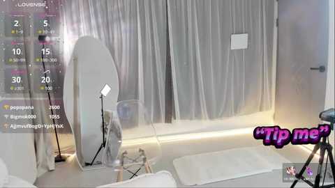 Media: Video of a modern bedroom with a large, white, floor-mounted mirror, two studio lights, and a tripod, showcasing a minimalist, sleek decor.