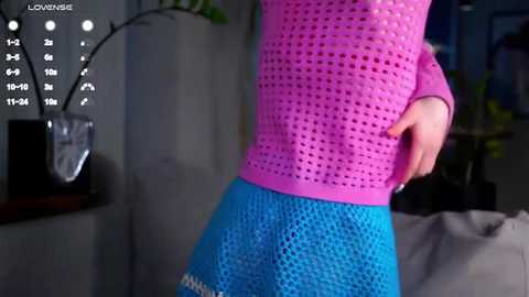 Media: Video of a person wearing a pink knit top and blue crocheted skirt, standing in a dimly lit room with a plant and calendar.