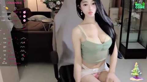 Media: A video of an East Asian woman with long black hair, wearing a light green camisole and white lace panties, sitting in a modern living room with a sofa and flowers.