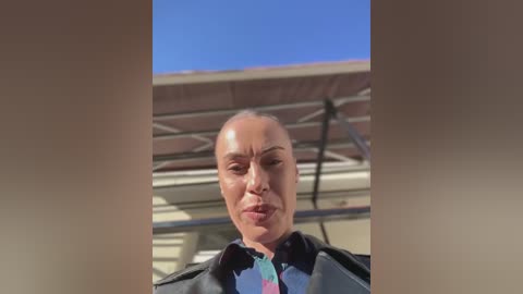 Media: Video of a bald, light-skinned woman with a neutral expression, wearing a colorful striped shirt, under a white canopy on a bright, clear day.