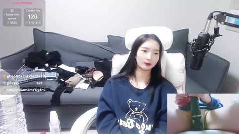 Media: Video of an East Asian woman with long black hair, wearing a dark blue sweatshirt with a teddy bear design, sitting on a grey couch in a room with a desk and microphone.