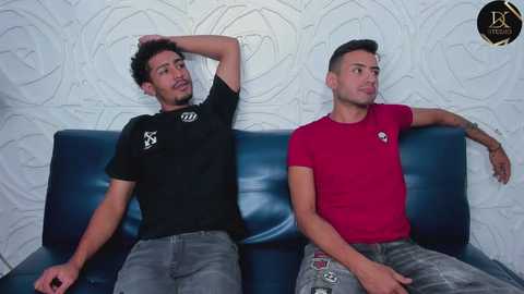 Media: Video of two men, one with curly hair, wearing a black t-shirt, seated on a blue couch; the other with short hair, wearing a red shirt, seated beside him.